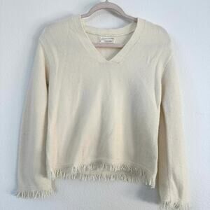 Anthropologie Fringed Cream V-Neck Sweater, Size XXS‎